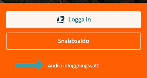 Pil som pekar mot texten "Ändra inloggningssätt", placerad i botten av Sparbanksappens startsida