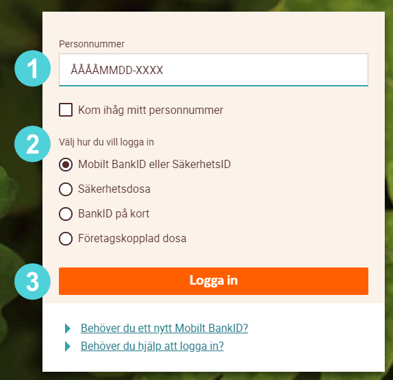 Punkt 1 - Fyll i ditt personnummer, Punkt 2 - Ange vilken säkerhetsmetod du vill använda för att legitimera dig, Punkt 3 - Klicka på "Logga in"