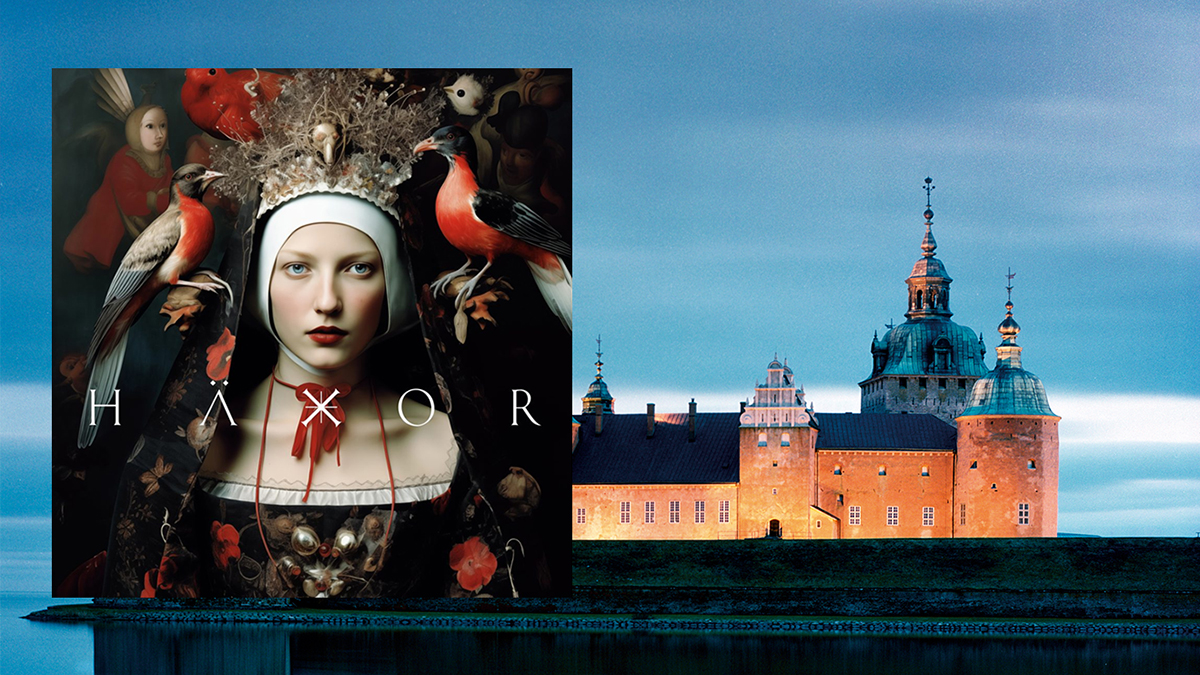 Vy över Kalmar slott och inklippt bild från utställningen med namn Häxor