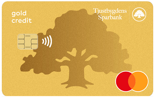 Betal- och kreditkort Mastercard Guld i färgen guld med en ek i bakgrunden